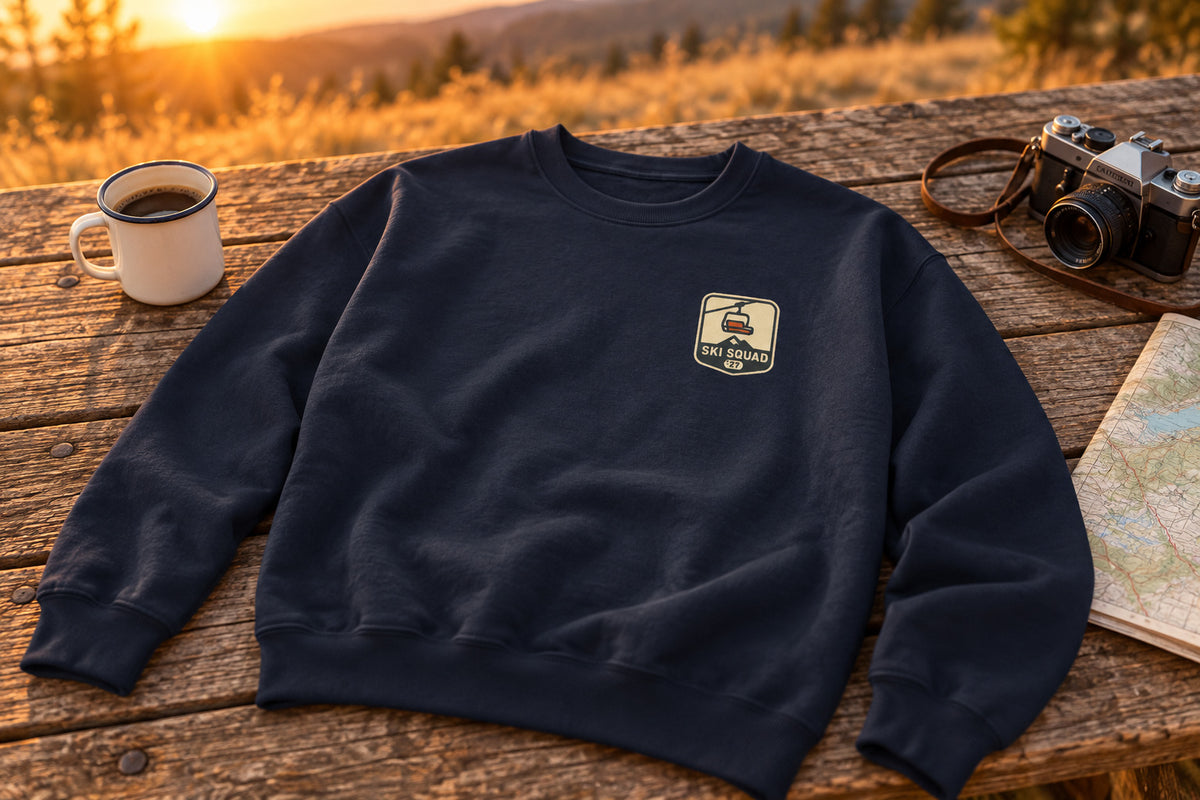 Ski Trip Sweatshirt - Navy on a rustic wooden table | MR7ART