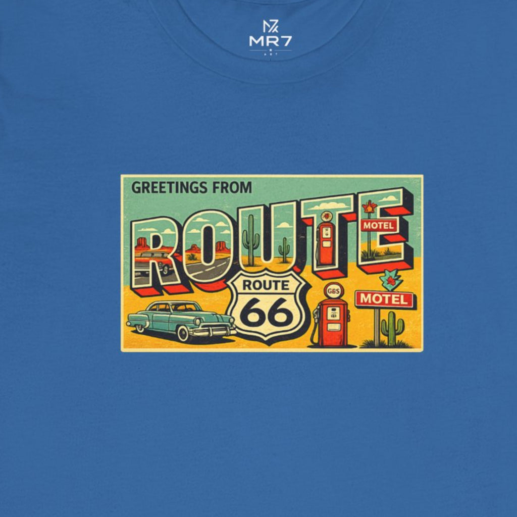 Route 66 Postcard design T-Shirt - Columbia Blue worn by a model | MR7ART