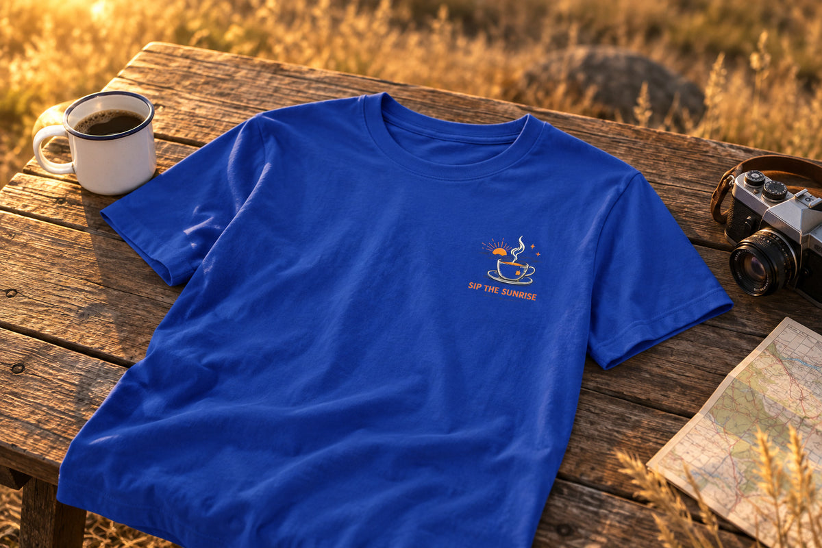 Sip the Sunrise T-Shirt - True Royal on a rustic wooden table | MR7ART