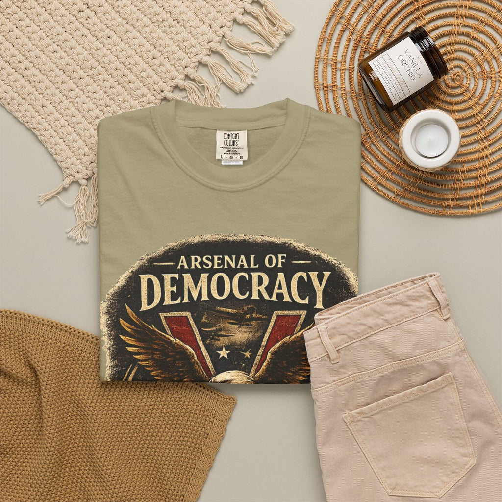 Arsenal of Democracy Shirt, WWII Patriotic Tee, Vintage Eagle Graphic T-Shirt, Freedom Defended 1941 1945 Shirt, American Pride Tee - Khaki product photo | MR7ART
