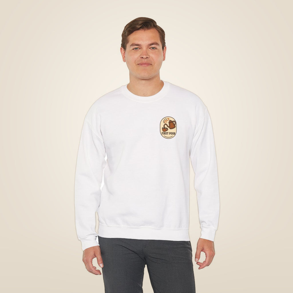 Pour Over Coffee Sweatshirt - White worn by a model | MR7ART