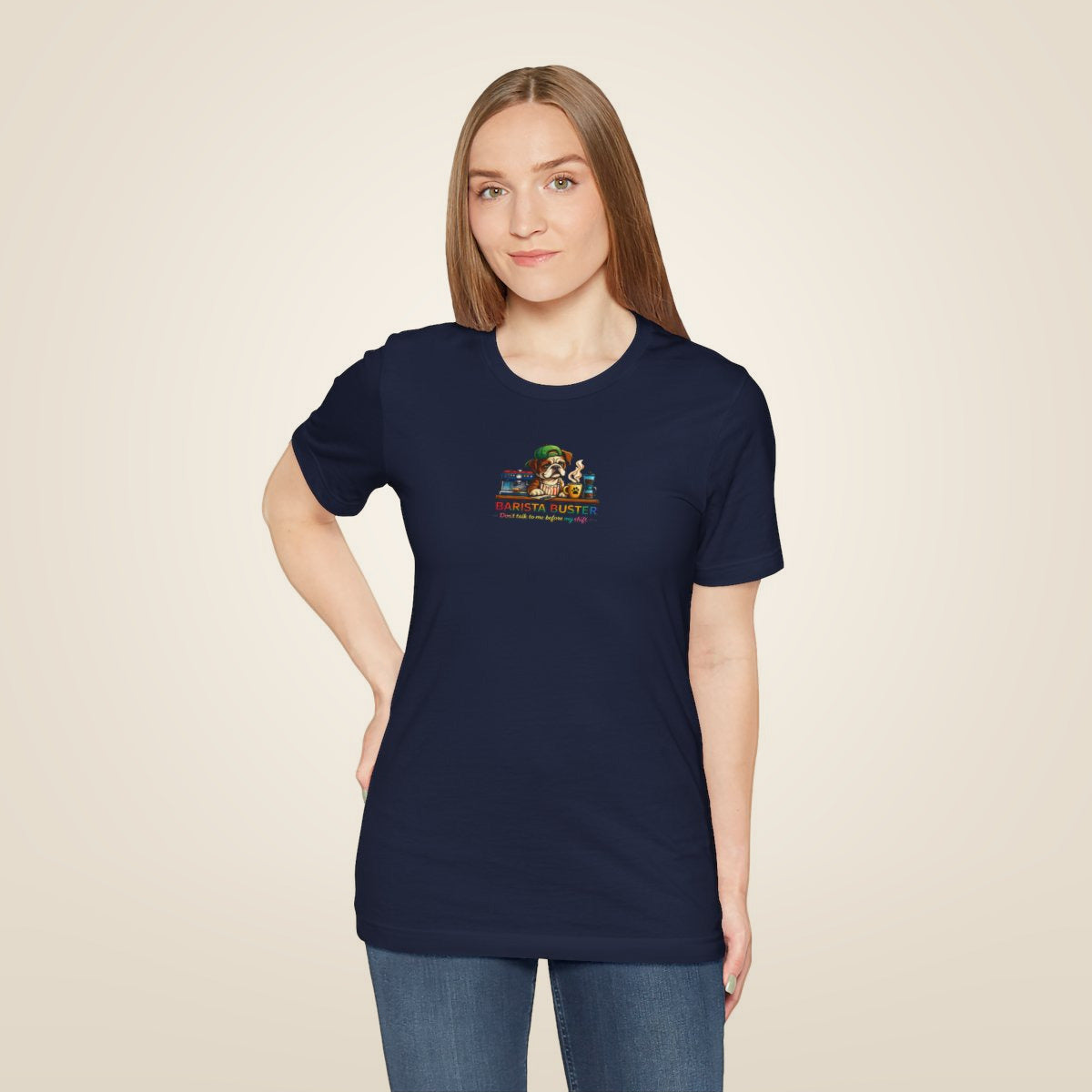 Barista Buster Coffee Monster T-Shirt - Navy worn by a model | MR7ART
