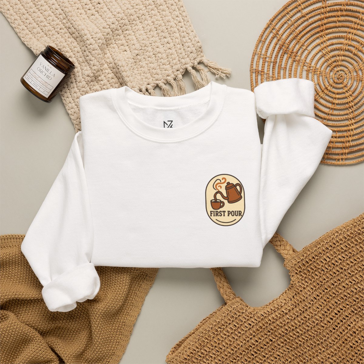 Pour Over Coffee Sweatshirt - White folded flat lay | MR7ART
