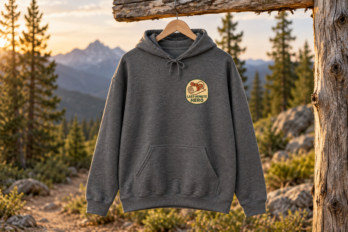 Last-Minute Gift Hoodie - Dark Heather on a wooden hanger outdoors | MR7ART