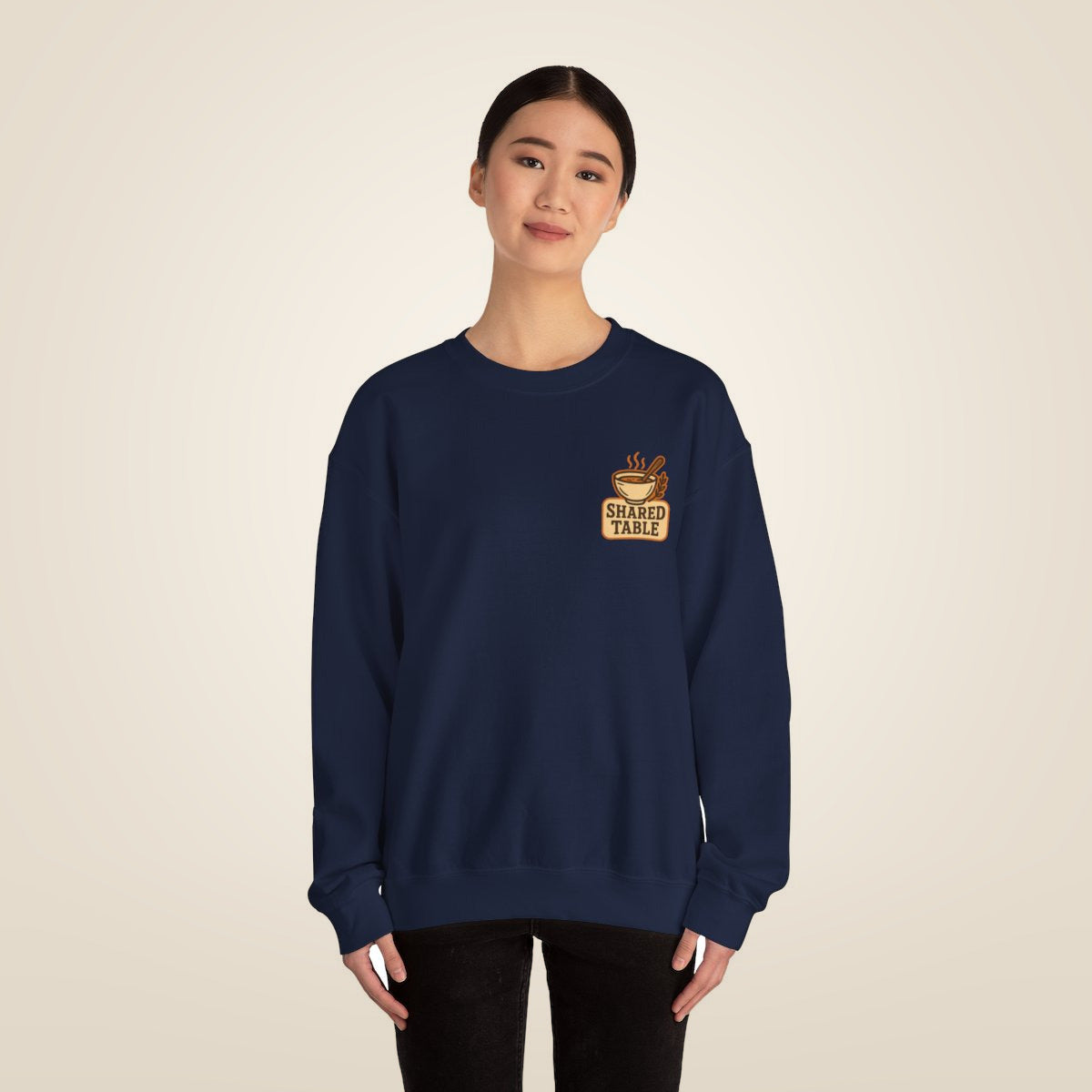 Friendsgiving Sweatshirt - Navy worn by a model | MR7ART