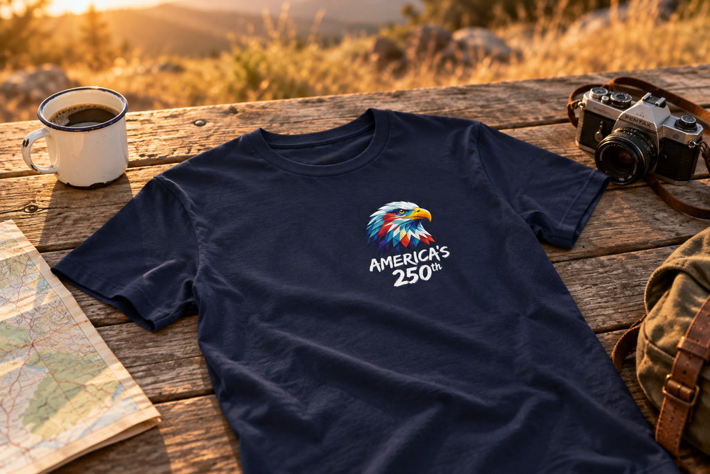 Colorful Geometric Eagle America's 250th T-Shirt - Navy on a rustic wooden table | MR7ART