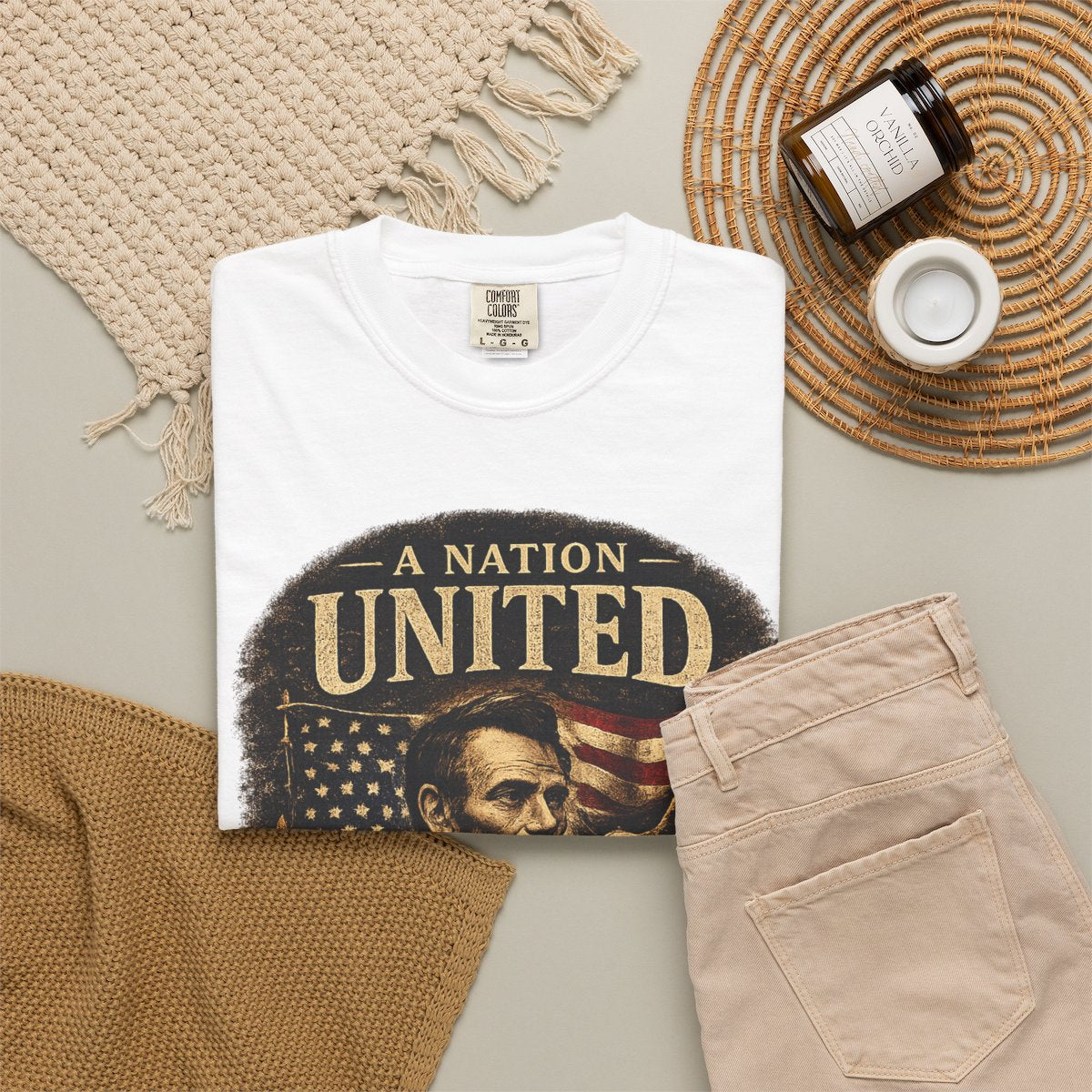Vintage Lincoln Patriotic Shirt, A Nation United Tee, Abraham Lincoln Graphic T-Shirt, USA Flag Shirt, American History Tee, Civil War Shirt - White product photo | MR7ART