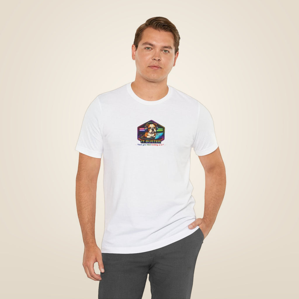 Retro Rainbow Dog Badge T-Shirt - White worn by a model | MR7ART