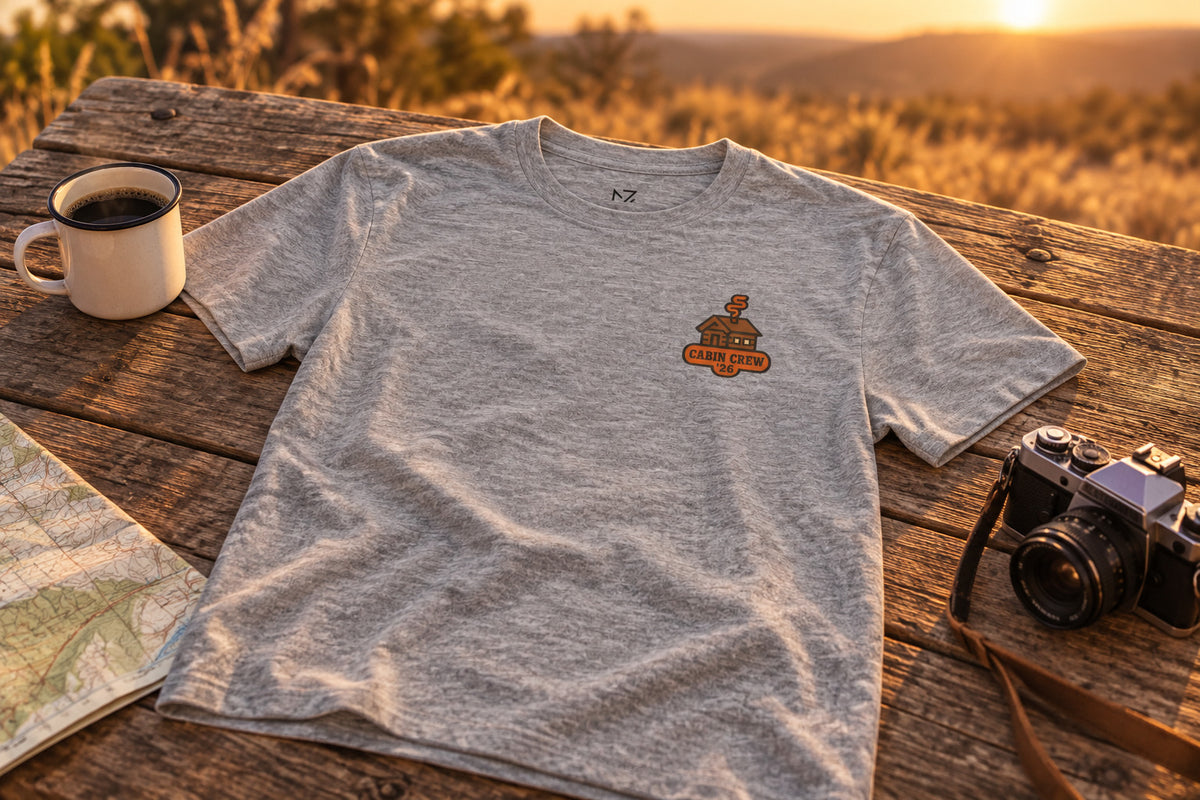 Matching Cabin Crew Tee - Athletic Heather on a rustic wooden table | MR7ART