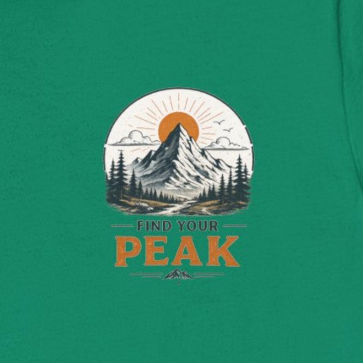 Peak Mountain Tee — Retro Sunrise Hiking T-Shirt - Kelly worn by a model | MR7ART