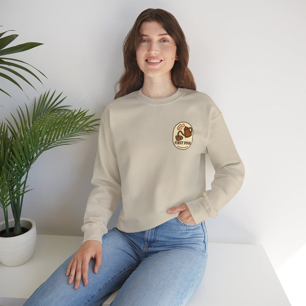 Pour Over Coffee Sweatshirt - Sand worn by a model | MR7ART