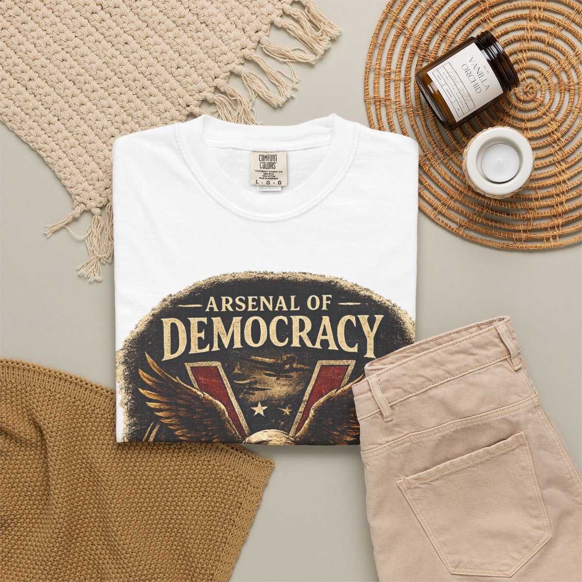 Arsenal of Democracy Shirt, WWII Patriotic Tee, Vintage Eagle Graphic T-Shirt, Freedom Defended 1941 1945 Shirt, American Pride Tee - White product photo | MR7ART