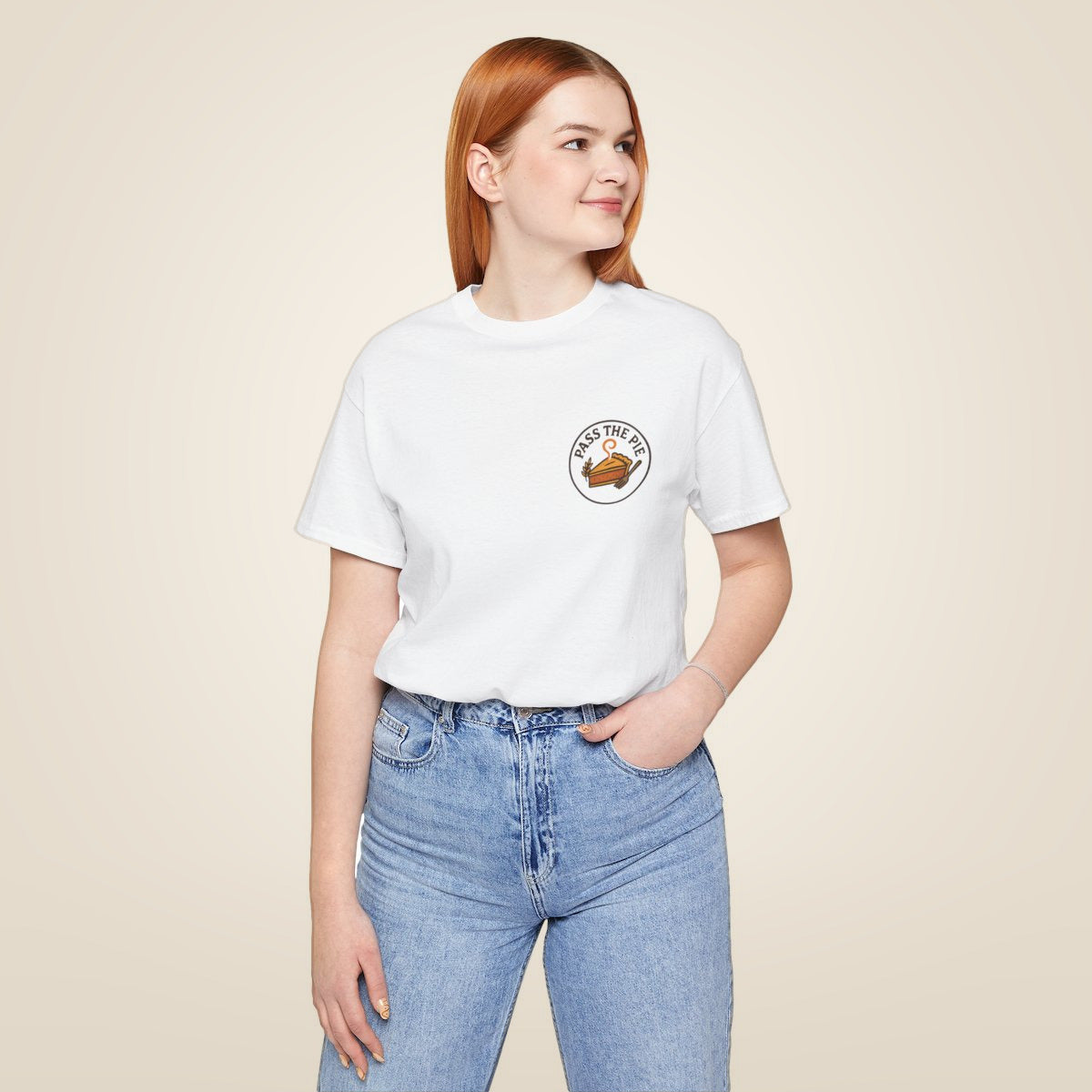 Friendsgiving Tee - White worn by a model | MR7ART