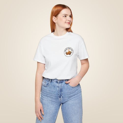 Friendsgiving Tee - White worn by a model | MR7ART