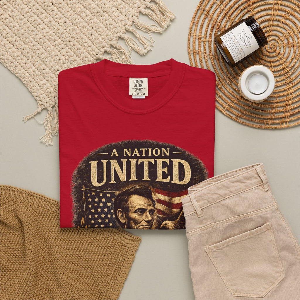 Vintage Lincoln Patriotic Shirt, A Nation United Tee, Abraham Lincoln Graphic T-Shirt, USA Flag Shirt, American History Tee, Civil War Shirt - Red product photo | MR7ART