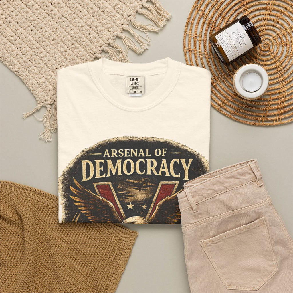 Arsenal of Democracy Shirt, WWII Patriotic Tee, Vintage Eagle Graphic T-Shirt, Freedom Defended 1941 1945 Shirt, American Pride Tee - Ivory product photo | MR7ART