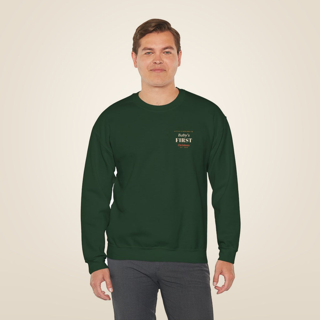Baby's First Christmas Sweatshirt - Forest Green worn by a model | MR7ART