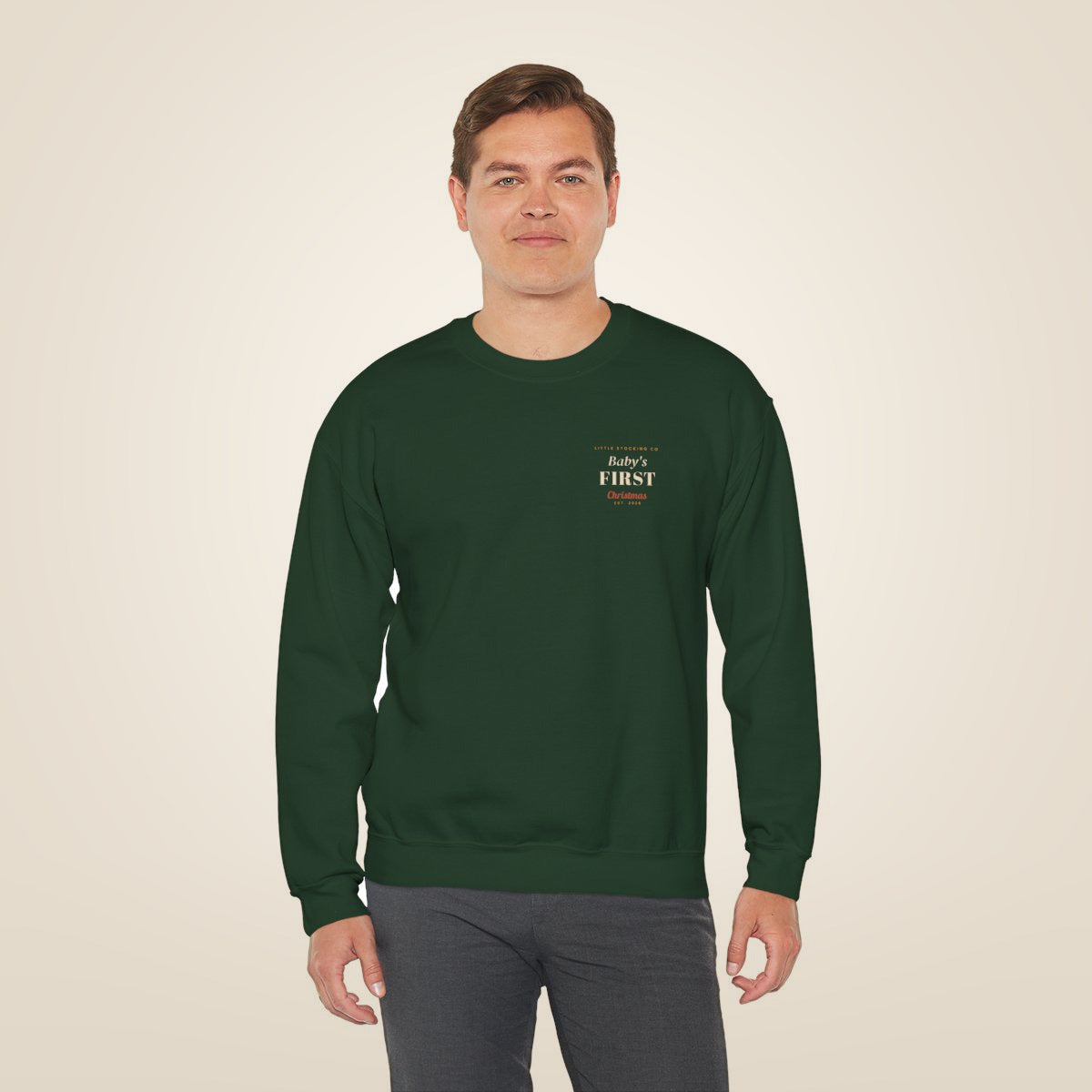 Baby's First Christmas Sweatshirt - Forest Green worn by a model | MR7ART