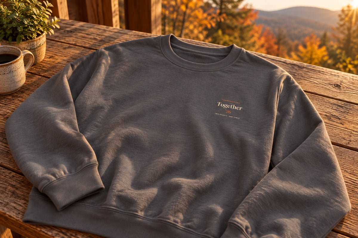 Couples Thanksgiving Sweatshirt - Charcoal on a rustic wooden table | MR7ART