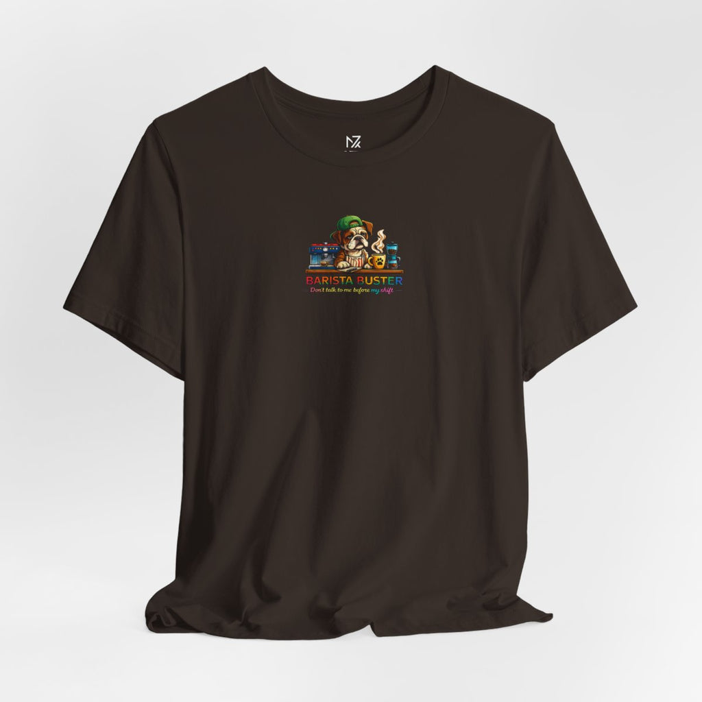 Barista Buster Coffee Monster T-Shirt - Brown flat lay | MR7ART