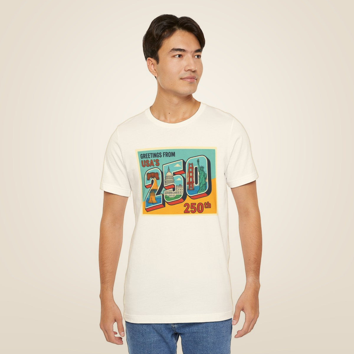 Greetings From USA 250th Vintage Postcard T-Shirt - Natural worn by a model | MR7ART