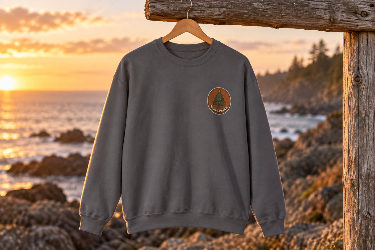 Christmas Tree Sweatshirt - Charcoal on a wooden hanger outdoors | MR7ART