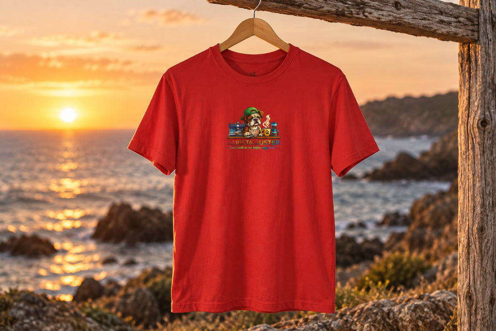 Barista Buster Coffee Monster T-Shirt - Red on a wooden hanger outdoors | MR7ART