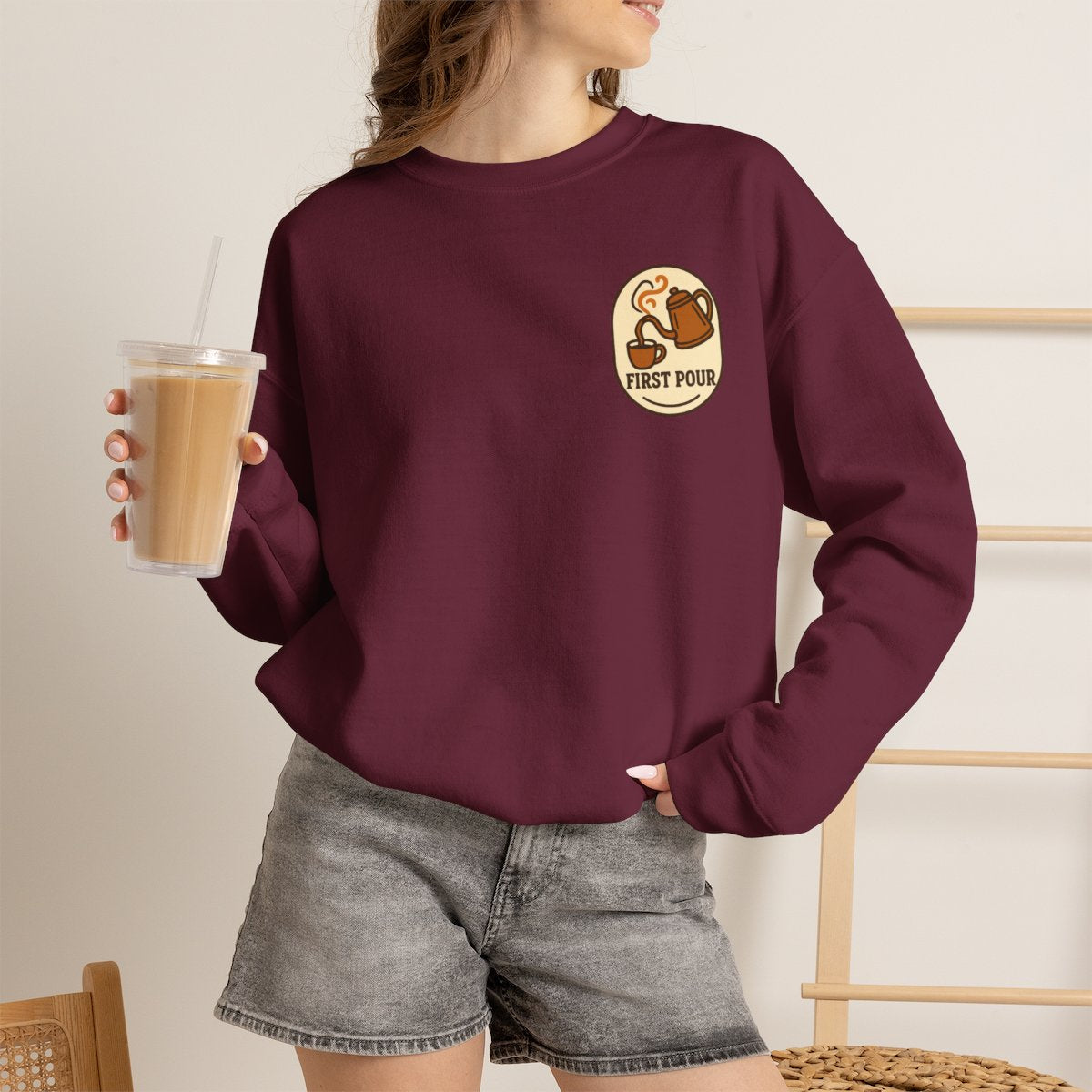 Pour Over Coffee Sweatshirt - Maroon worn by a model | MR7ART