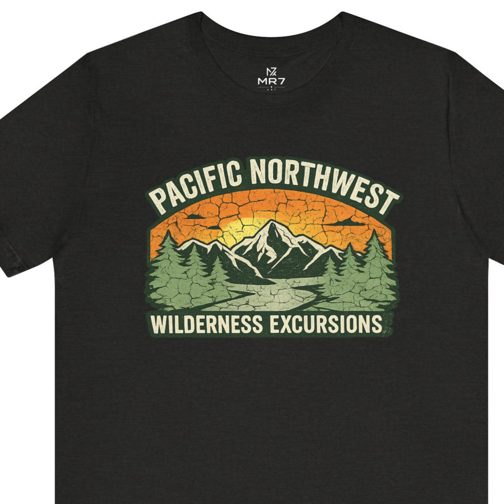 Pacific Northwest Wilderness Excursions T-Shirt - Black Heather worn by a model | MR7ART