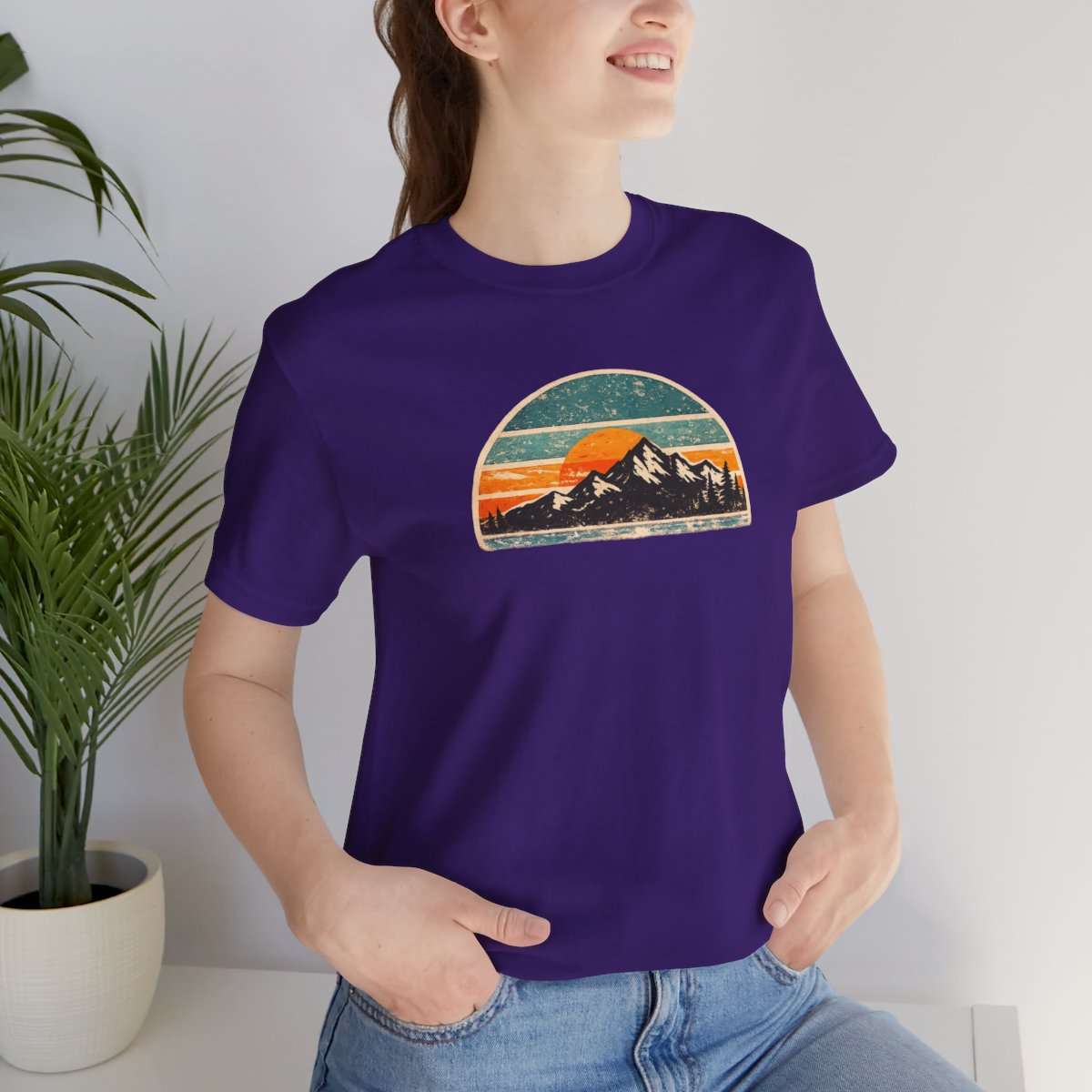 Retro Mountain Sunset Tee - Team Purple worn by a model | MR7ART