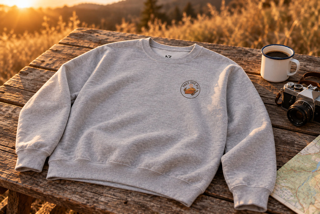 Friendsgiving Sweatshirt - Sport Grey on a rustic wooden table | MR7ART