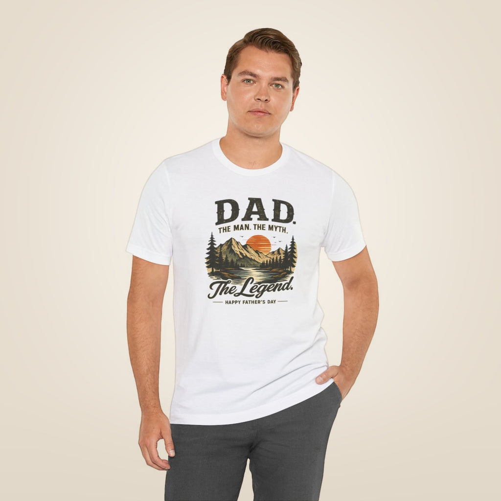 Dad The Man The Myth The Legend Shirt, Funny Fathers Day Shirt, Matching Dad Son Shirt, Outdoor Mountain Graphic Tee, Gift for Dad - White worn by a model | MR7ART