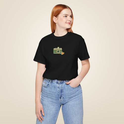 Retro Film Camera tee - Black worn by a model | MR7ART