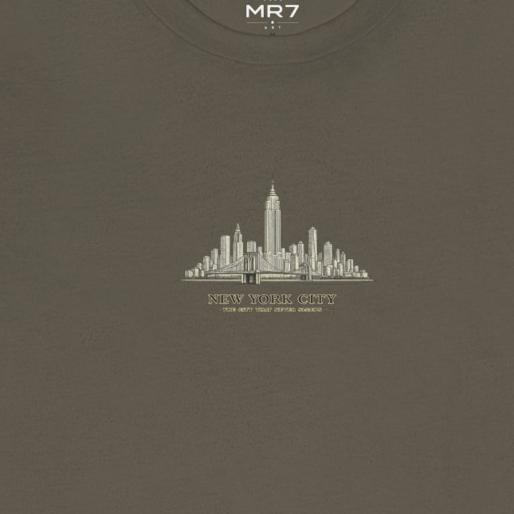 New York City skyline tee - Army worn by a model | MR7ART