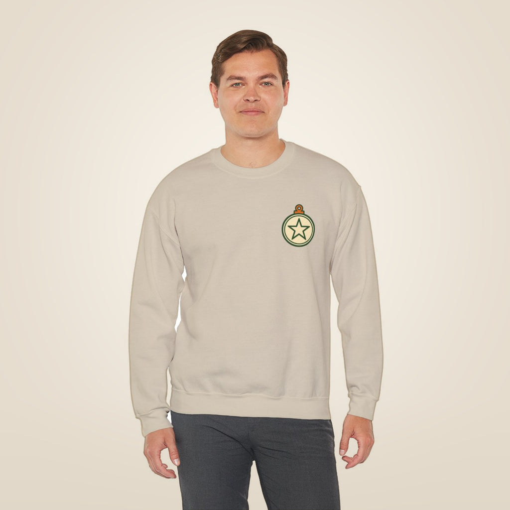 Christmas Ornament Sweatshirt - Sand worn by a model | MR7ART