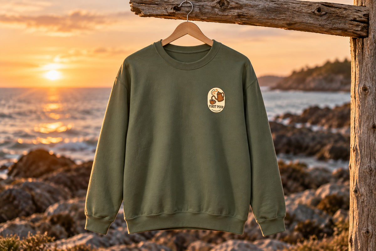 Pour Over Coffee Sweatshirt - Military Green on a wooden hanger outdoors | MR7ART