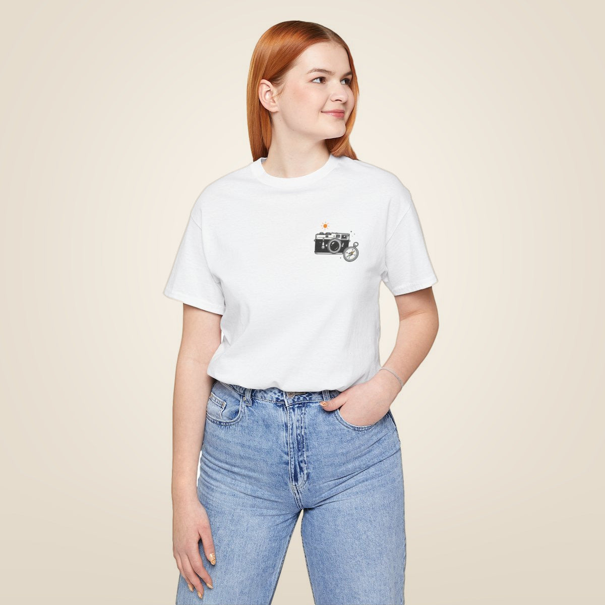 Retro Camera Tee - White worn by a model | MR7ART