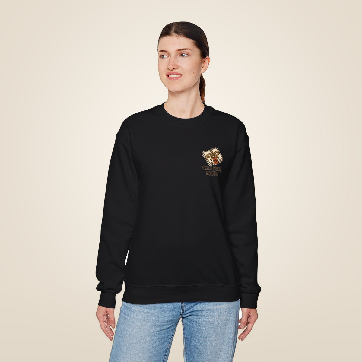 Thanks Mom Thanksgiving Sweatshirt - Black worn by a model | MR7ART