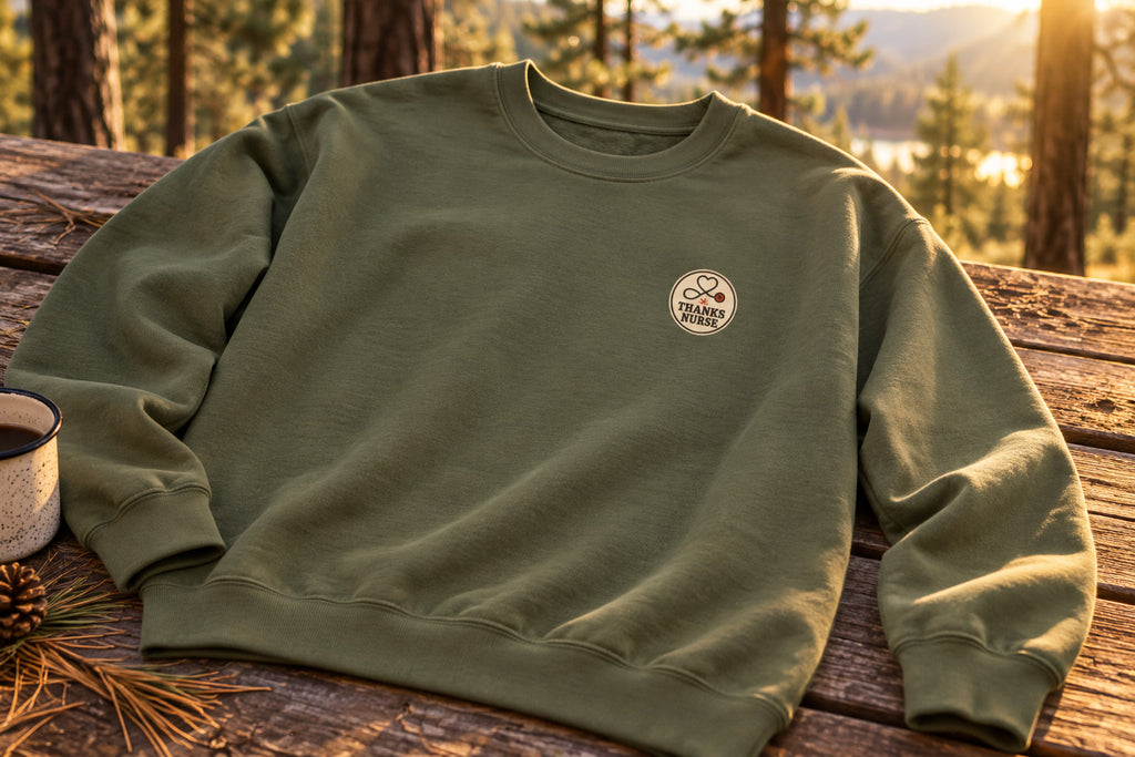 Nurse Thanksgiving Sweatshirt - Military Green on a rustic wooden table | MR7ART