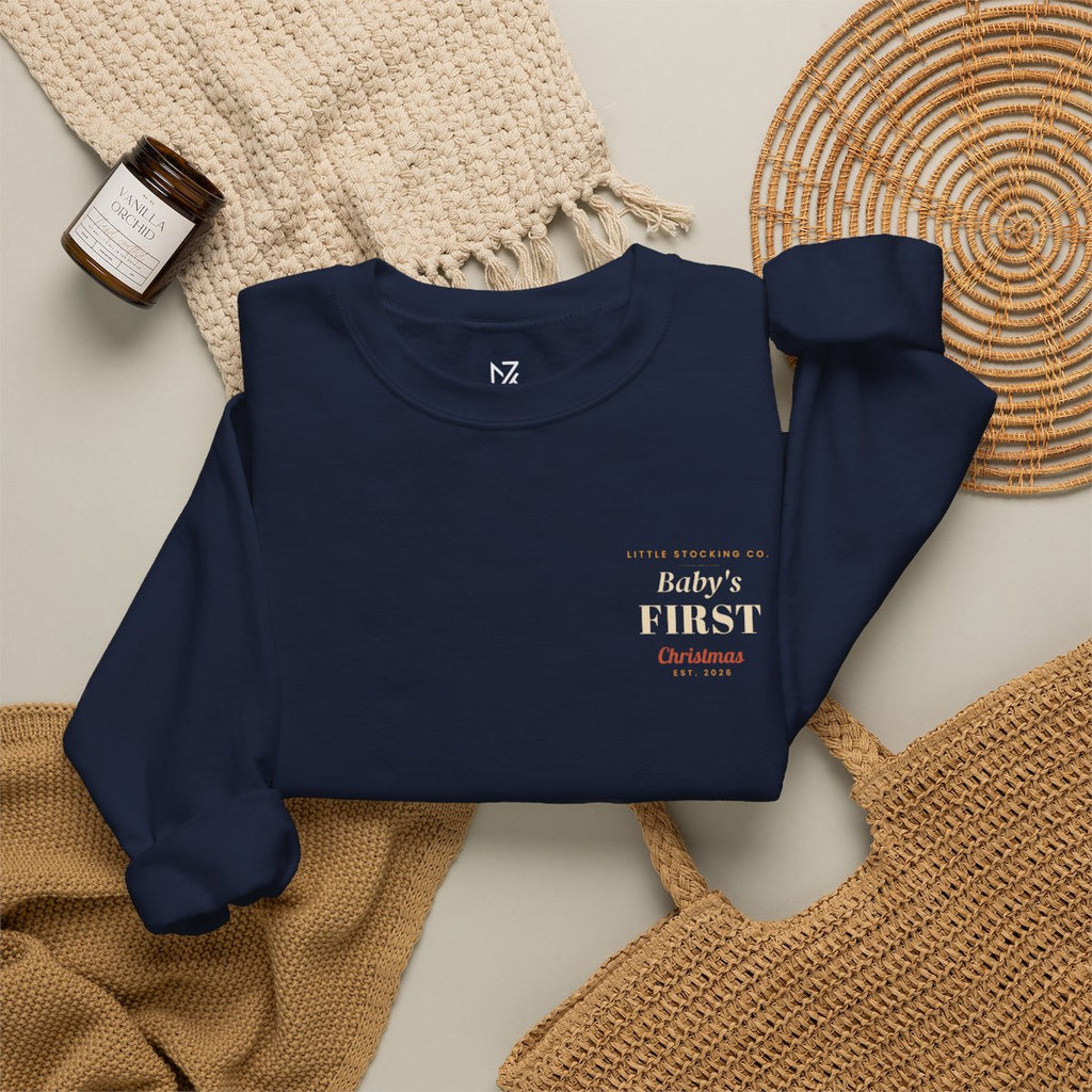 Baby's First Christmas Sweatshirt - Navy folded flat lay | MR7ART