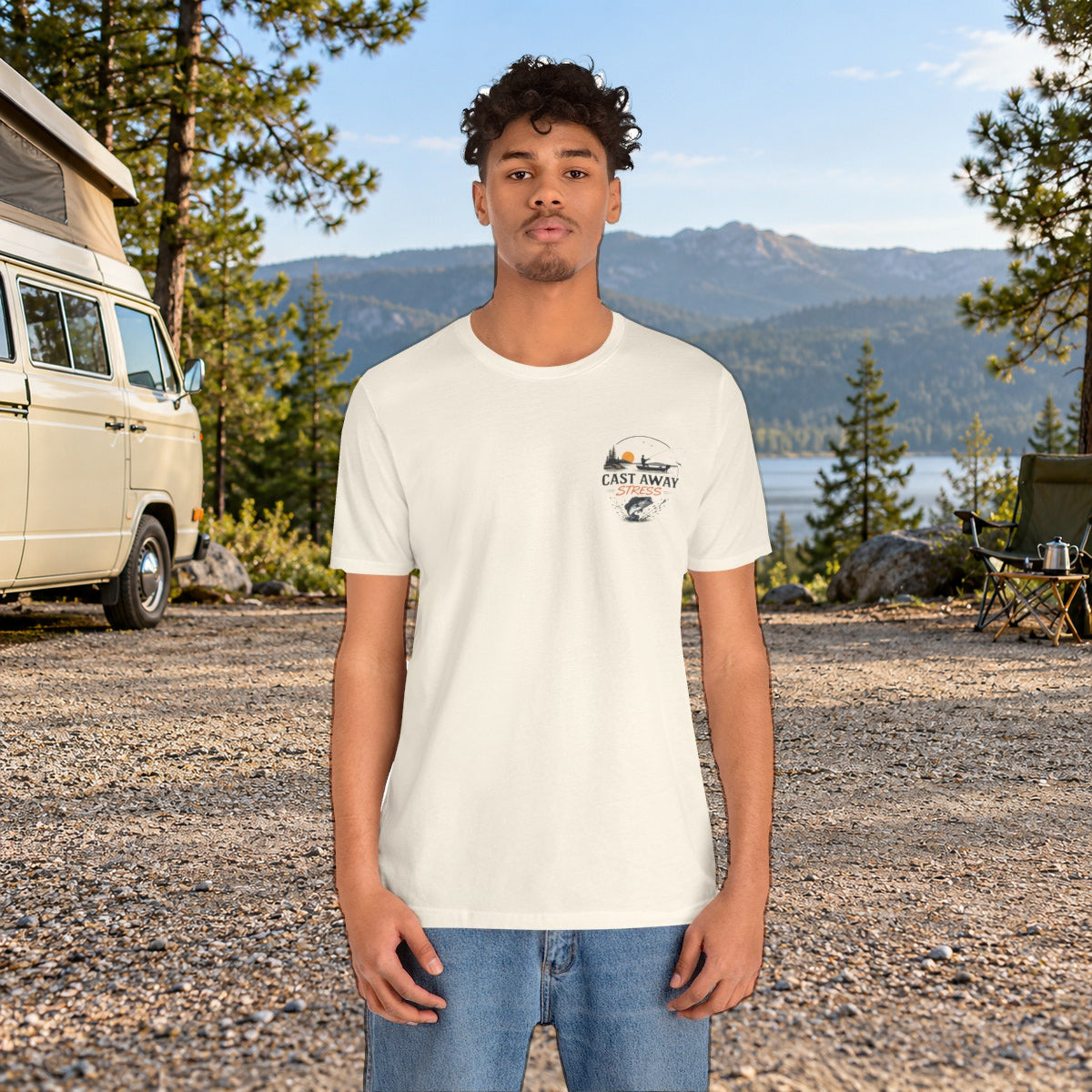 Fishing T-Shirt - "Cast Away" Graphic Tee with Sunset & Bass - Natural worn by a model | MR7ART