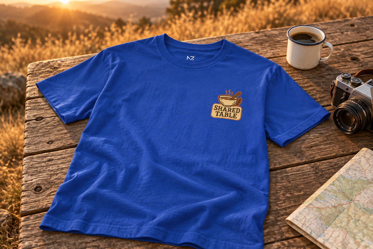 Friendsgiving Tee - True Royal on a rustic wooden table | MR7ART