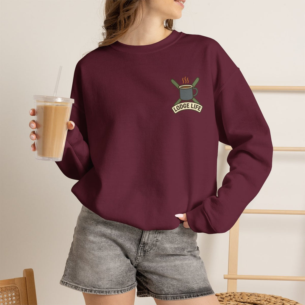 Ski Lodge Sweatshirt - Maroon worn by a model | MR7ART