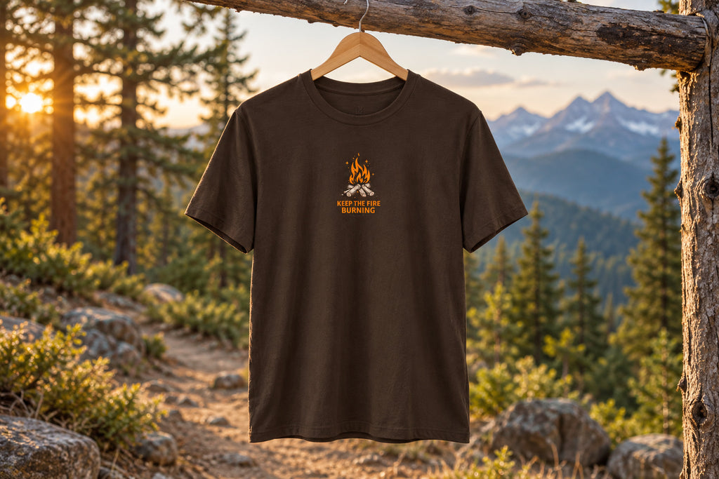 T-Shirt — Keep The Fire Burning Campfire Graphic Tee - Brown on a wooden hanger outdoors | MR7ART