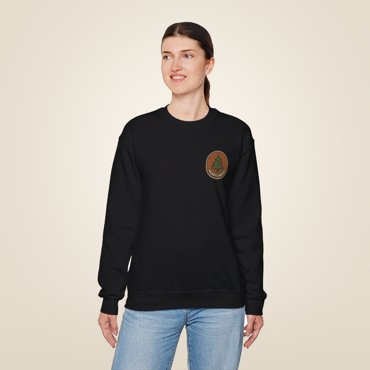 Christmas Tree Sweatshirt - Black worn by a model | MR7ART