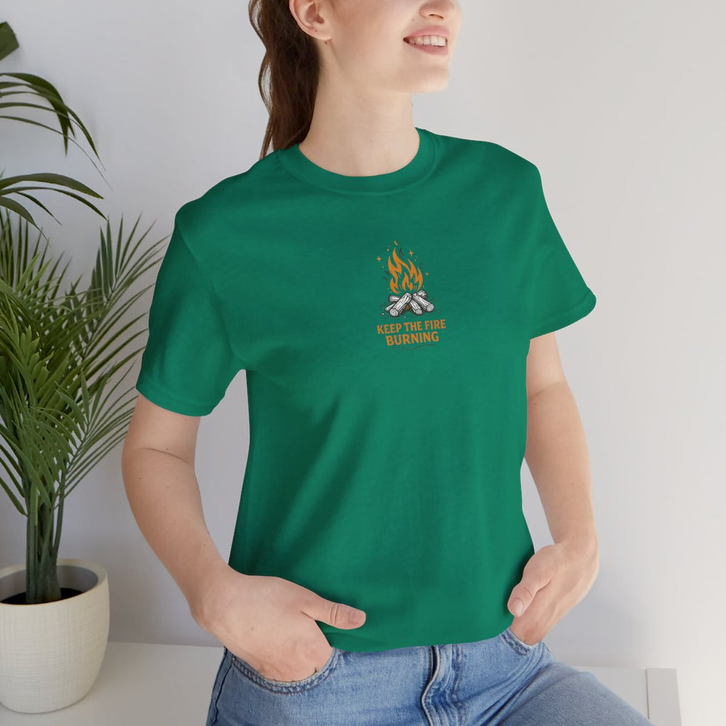 T-Shirt — Keep The Fire Burning Campfire Graphic Tee - Kelly worn by a model | MR7ART