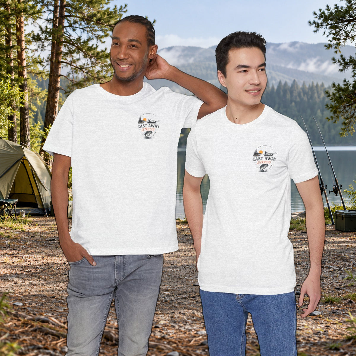 Fishing T-Shirt - "Cast Away" Graphic Tee with Sunset & Bass - Ash worn by a model | MR7ART