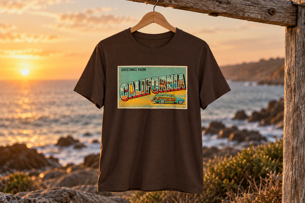 Unisex Jersey Short Sleeve Tee - Brown on a wooden hanger outdoors | MR7ART
