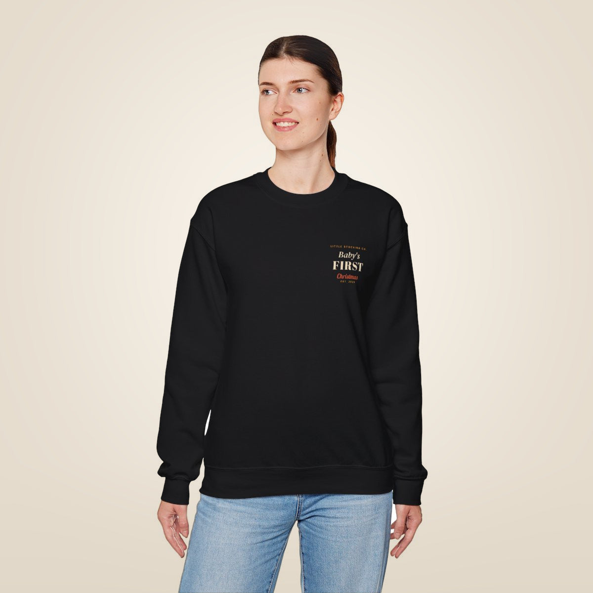 Baby's First Christmas Sweatshirt - Black worn by a model | MR7ART