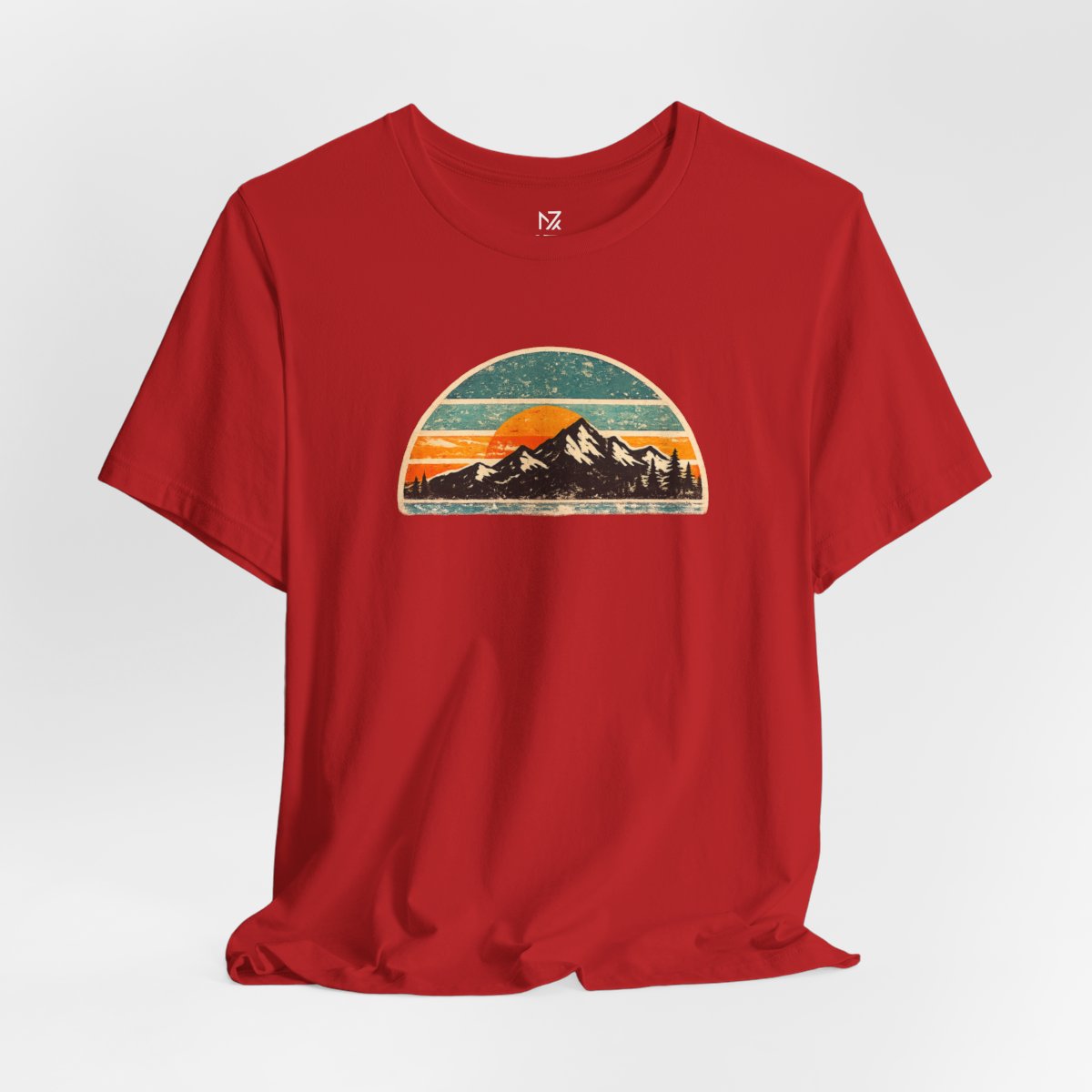 Retro Mountain Sunset Tee - Red flat lay | MR7ART
